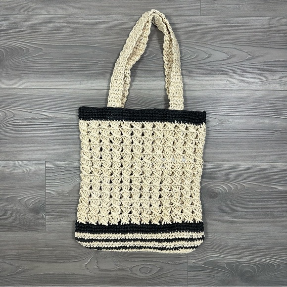 Zara Woven Macrame Tote Bag Neutral Black Striped Boho Market Bag NWOT - Picture 1 of 3
